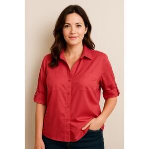 2/$30 Chico's Button Up Collar Shirt Cotton Red Coral Women's 3 XL Career